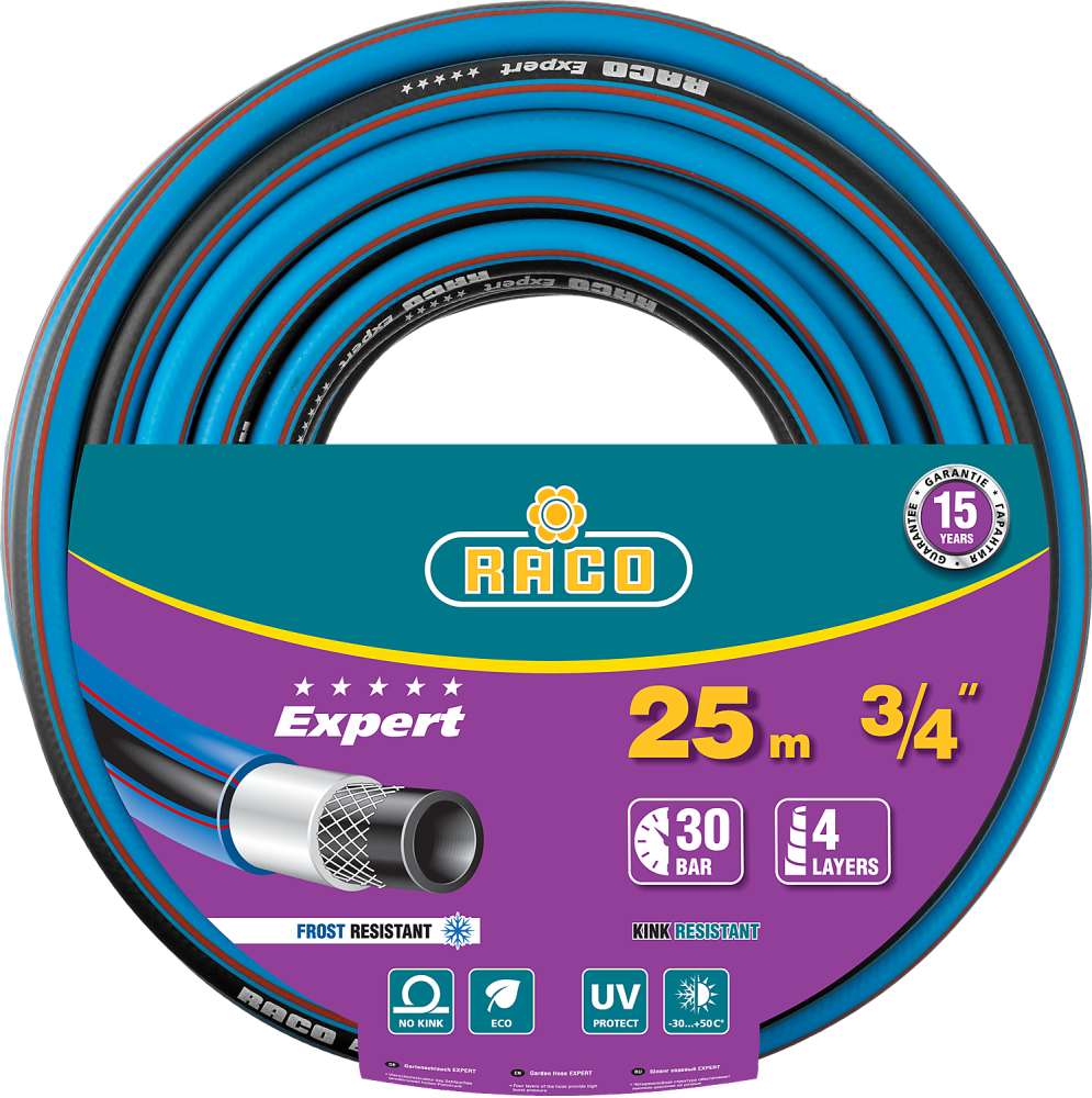 Шланг поливочный четырёхслойный, армированный, RACO EXPERT, 3/4", 25 м, 30 атм