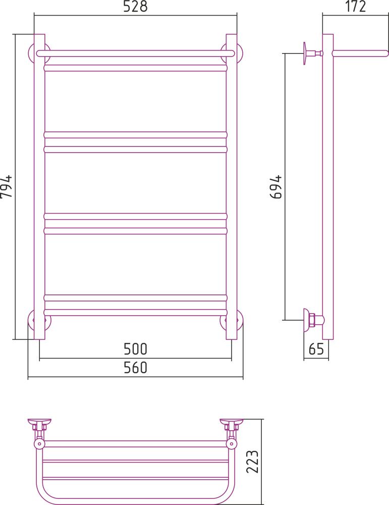 Полотенцесушитель "Версия - Н1" 800х500 (полка+1+2+2+2 перекладин) нержавеющая сталь, полировка, Стилье