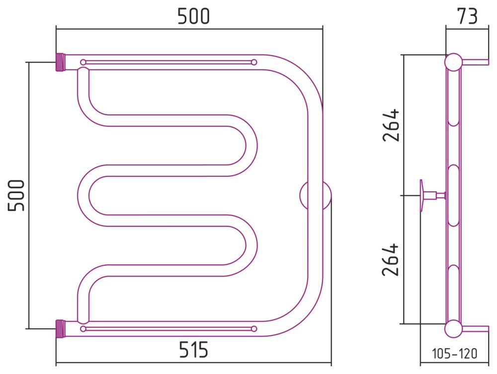 Полотенцесушитель водяной Тандем 2П 50х50 см, боковое подключение, G 1" нержавеющая сталь, Стилье