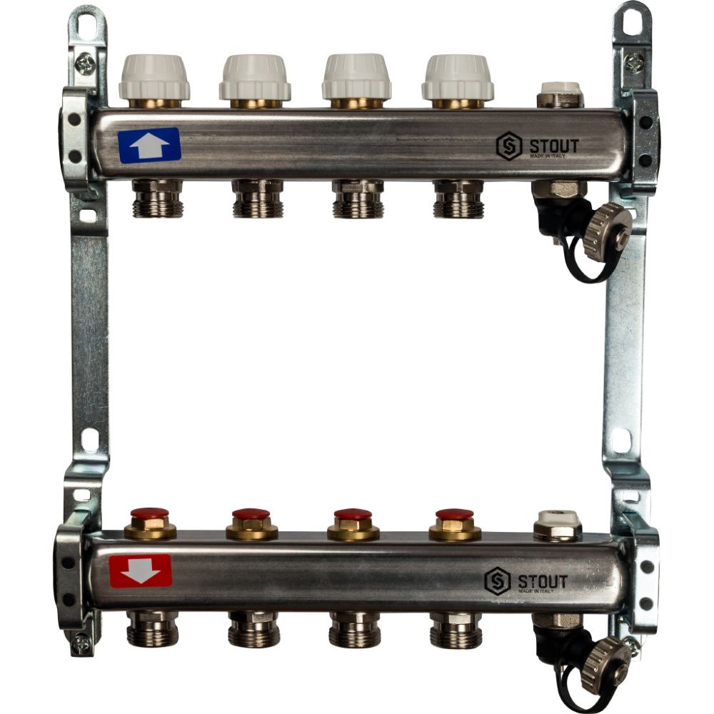 Коллектор  4 вых с вент вставками (сливные краны, воздухоотводчик, без заглушек) Stout