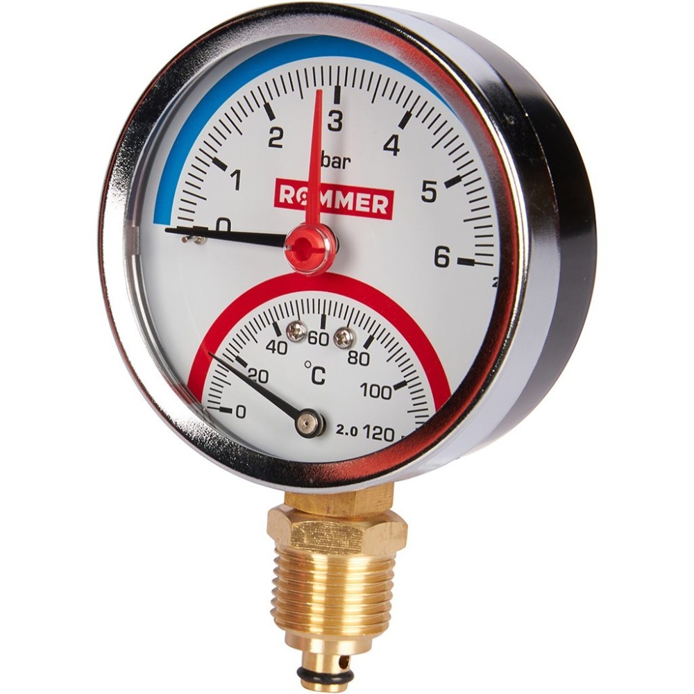 Термоманометр радиальный, Dn 80 мм 1/2 , 0...120°C, 0-6 бар, ROMMER