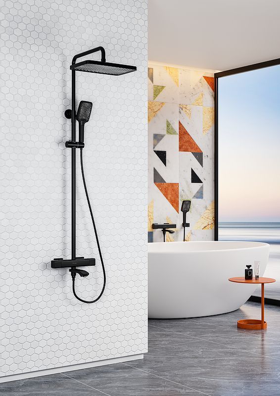 Душевая система для ванны с термостатом R01, черный матовый, RAGLO