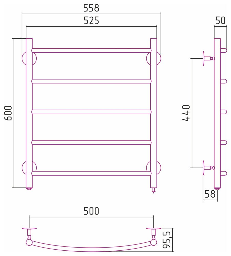 Полотенцесушитель электрический №40 П, 600х500  Стилье