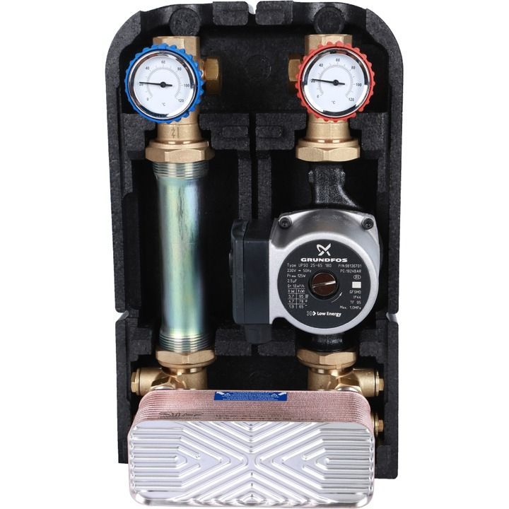 Насосная группа с теплообменником 28 пл., с насосом Grundfos UPSO 25-65 в теплоз. STOUT