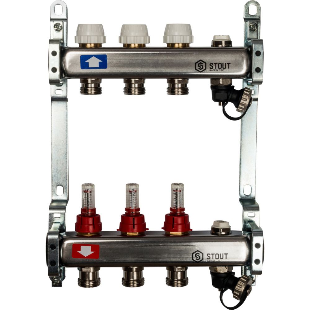 Коллектор  3 вых с расходомерами (сливные краны, воздухоотводчик, без заглушек) Stout 