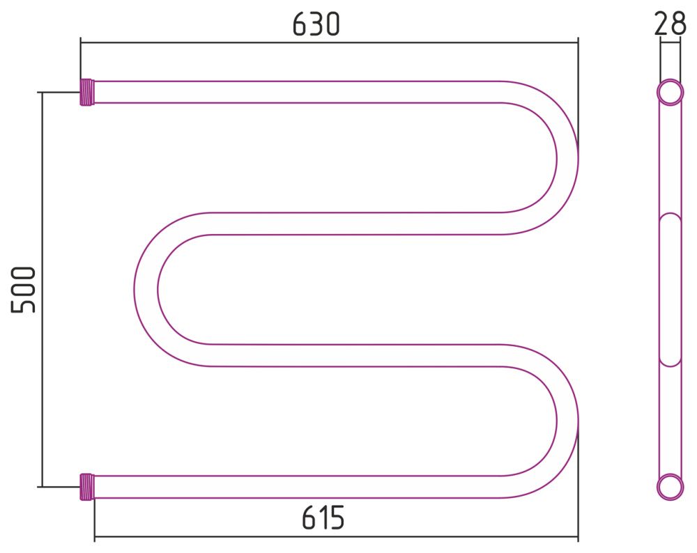 Полотенцесушитель водяной М-образный 50х65 см, G 1" без кронштейна, нержавеющая сталь, Стилье