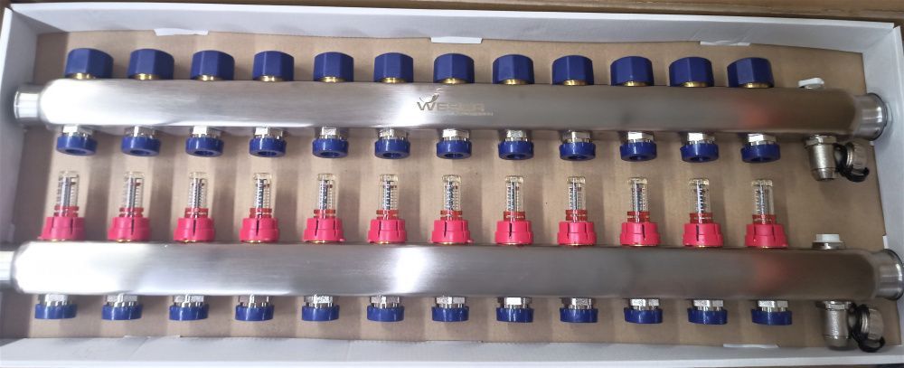 Коллектор 12 вых с расходомерами (сливные краны, воздухоотводчик) нерж. WESER
