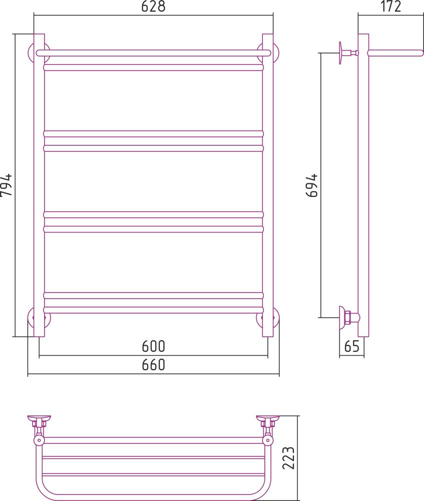 Полотенцесушитель "Версия - Н1" 800х600 (полка+1+2+2+2 перекладин) нержавеющая сталь, полировка, Стилье