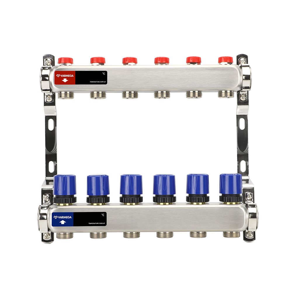 Коллектор с регулирующими и балансировочными клапанами 6 выхода (ВР1", 3/4" EK), нерж сталь Varmega