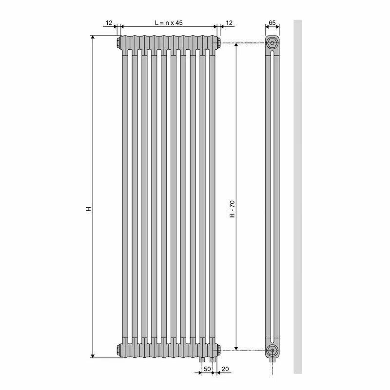 Радиатор трубчатый Ritmo 2-1800-06, нижнее подкл. с вент. вставкой, Ral 9016, Vasco