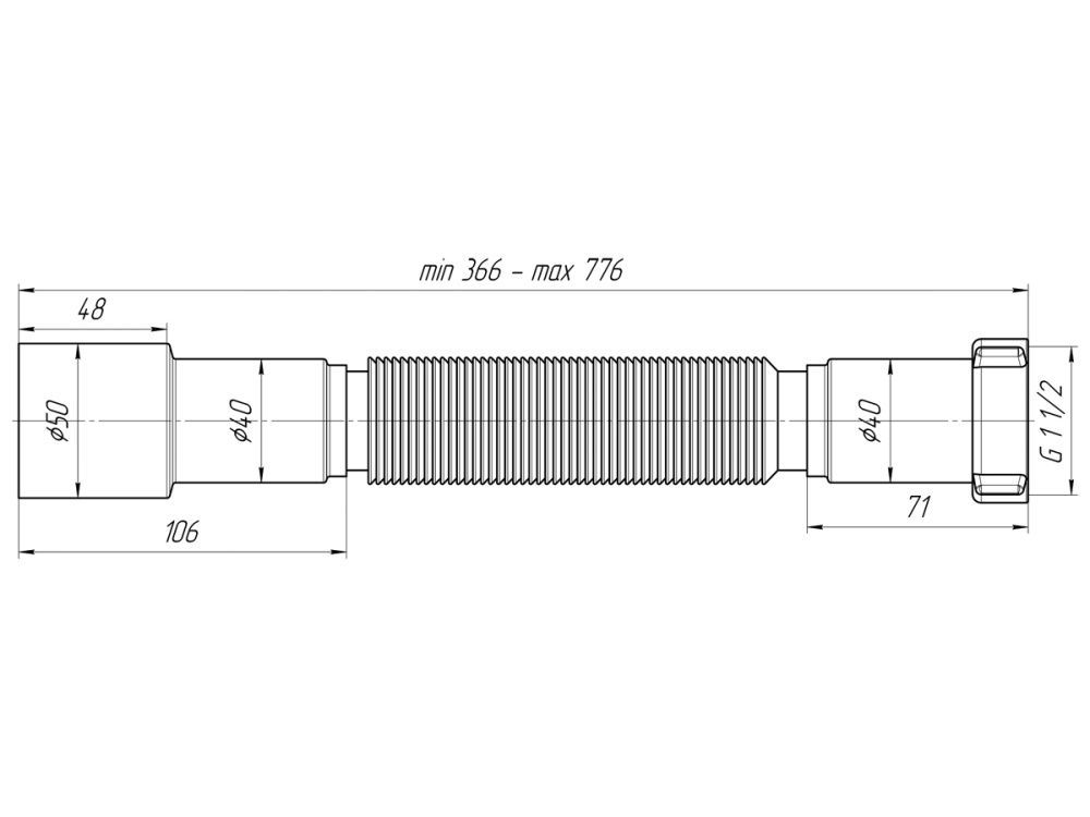 Труба гибкая раздвижная L 366-776мм, G1 1/2", выход DN50/40 мм АниПласт