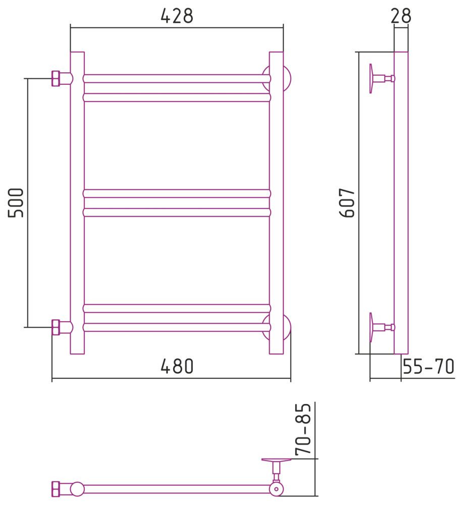 Полотенцесушитель "Версия - Б1" 500х400 (2+2+2 перекладин) П 16, нержавеющая сталь, полировка, Стилье