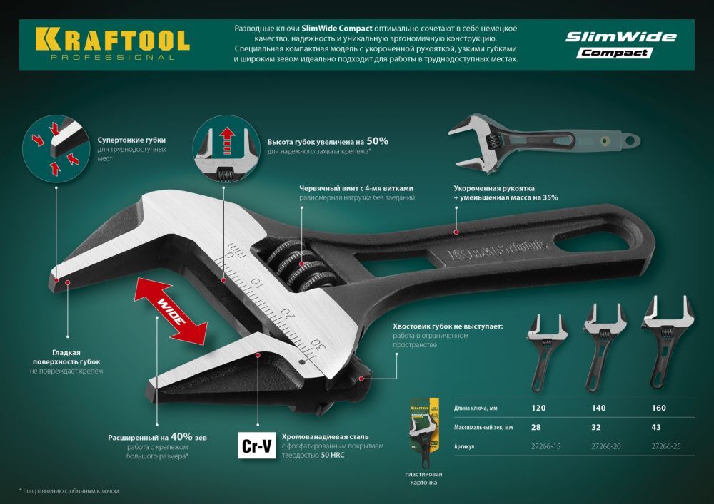 Ключ разводной SlimWide Compact, 160/44 мм, KRAFTOOL (27266-25)