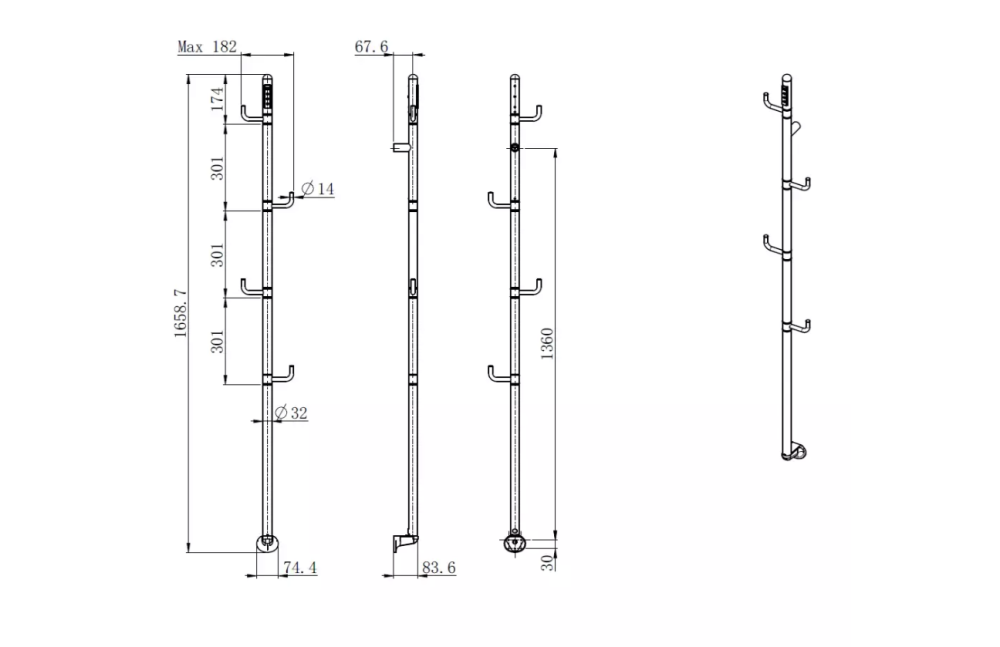 Полотенцесушитель электрический с поворотными крючками 1661*178 с терморегулятором Графит, AQM