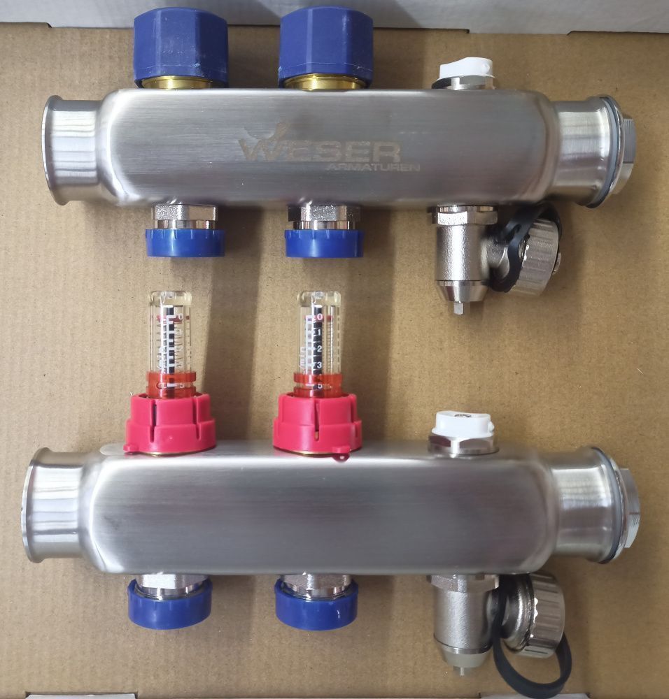 Коллектор  2 вых с расходомерами (сливные краны, воздухоотводчик) нерж. WESER
