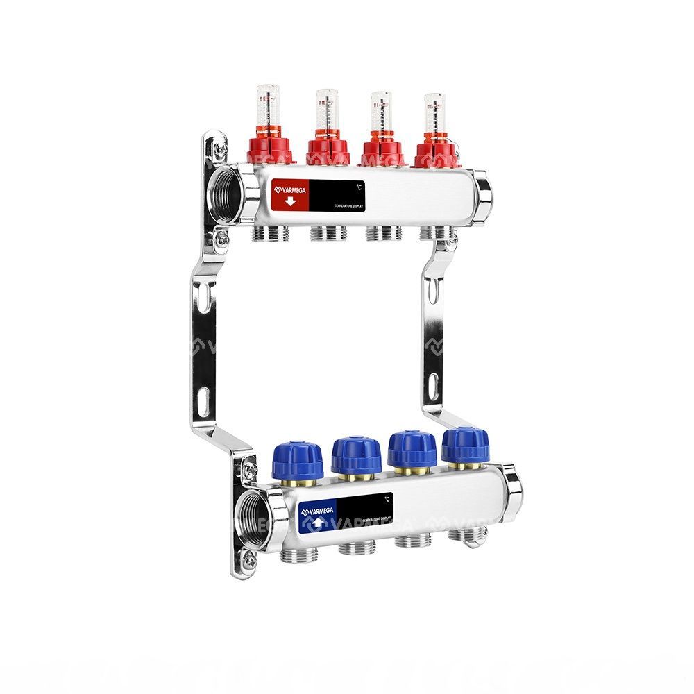 Коллектор с расходомерами 4 выхода (ВР1", 3/4" EK), нерж сталь Varmega