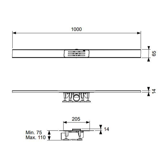 Комплект для монтажа дренажного канала TECElineo (подрезной) 400-1000мм, с мембраной, сатин, TECE