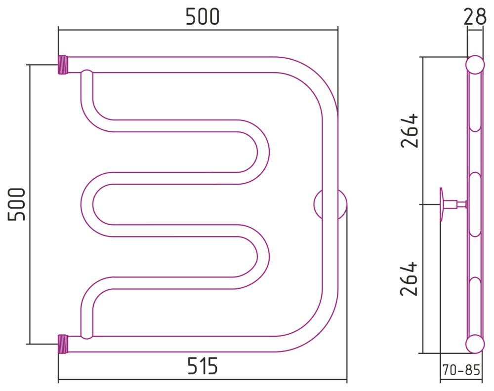 Полотенцесушитель Тандем 500х500, G 1" нерж. ст., полировка Стилье