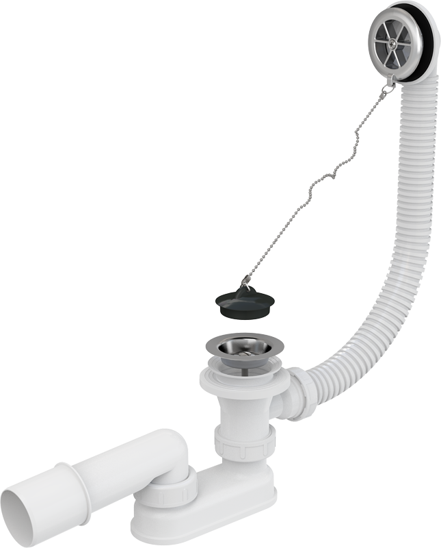 Сифон для ванн с переливом L 570 х Д 52 мм н/ж решетка,пробка, вых 40/50 ХРОМ ALCA PLAST