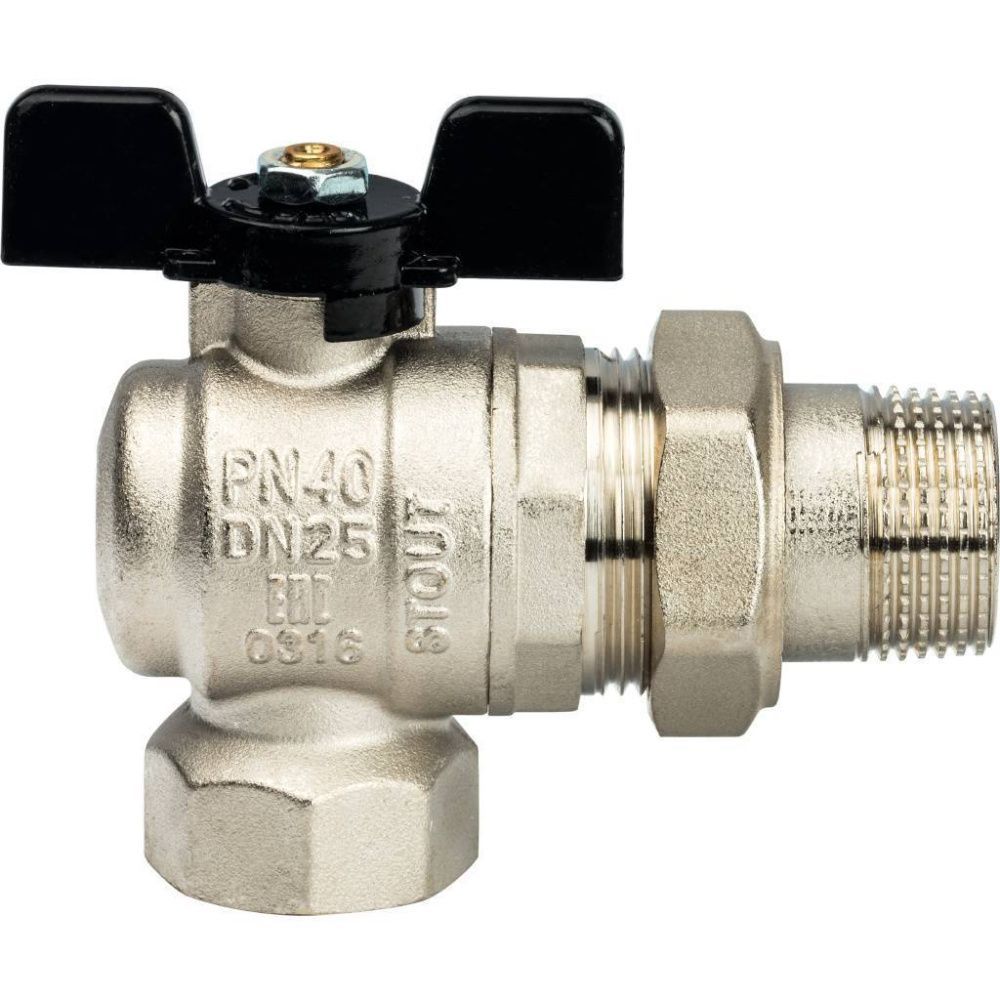 Кран шаровой полнопроходной угловой, ВР/НР, ручка бабочка 1, (американка) STOUT (гост)