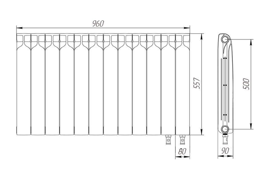 Радиатор биметаллический 500/90 мм12 секций нижнее подключение справа Теплоприбор