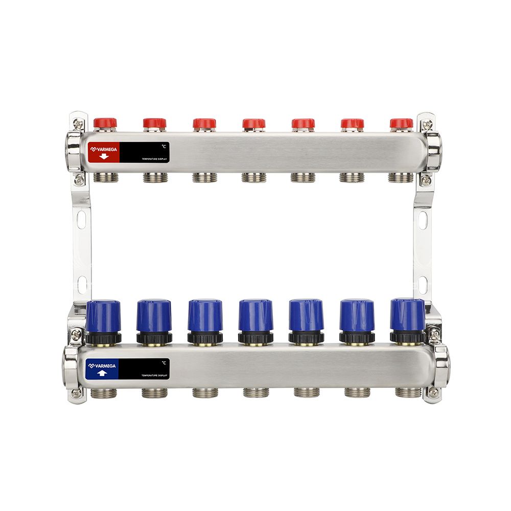 Коллектор с регулирующими и балансировочными клапанами 7 выхода (ВР1", 3/4" EK), нерж сталь Varmega