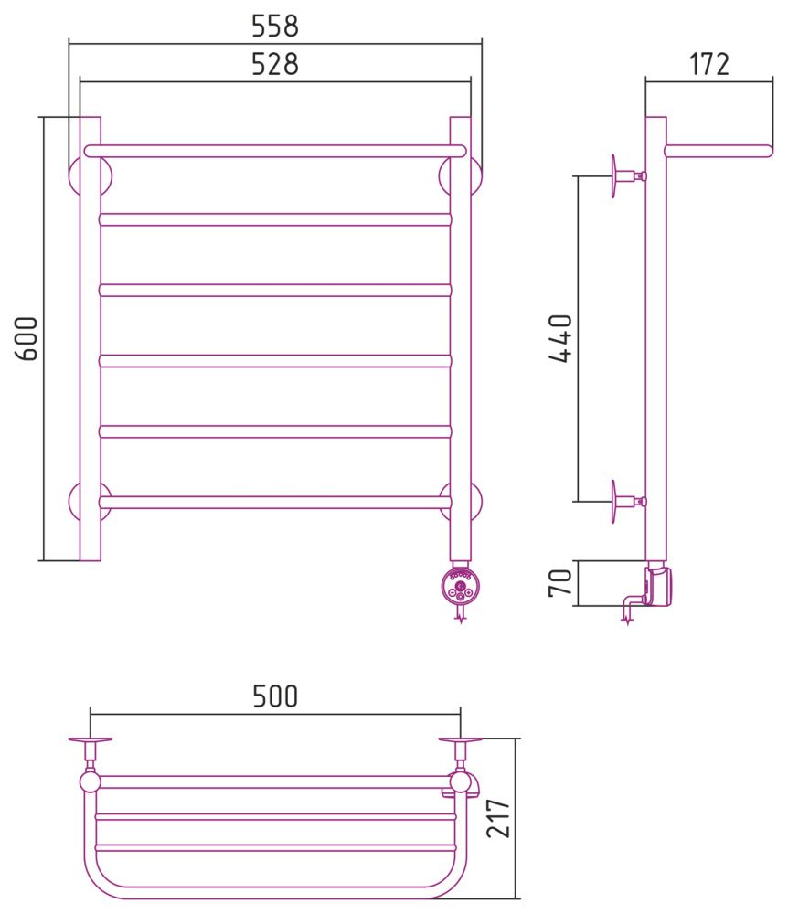 Полотенцесушитель электрический №20 ТП, 600х500 (Полка + 5) П16, хром, Стилье