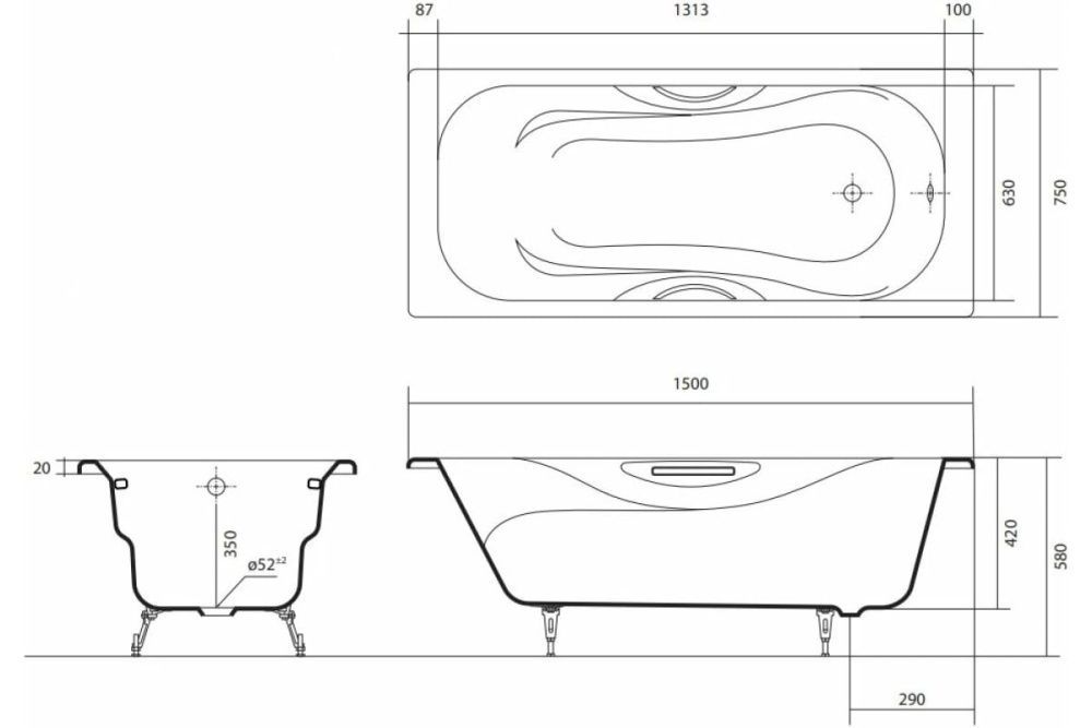 Ванна чугунная эмалированная ГАММА 1500x750x420 в комплекте с 4-мя ножками и 2-мя ручками AQUATEK