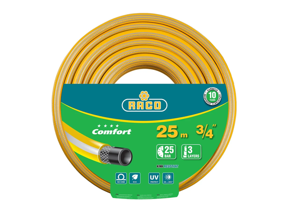 Шланг поливочный трёхслойный, армированный, RACO COMFORT, 3/4", 25 м, 25 атм