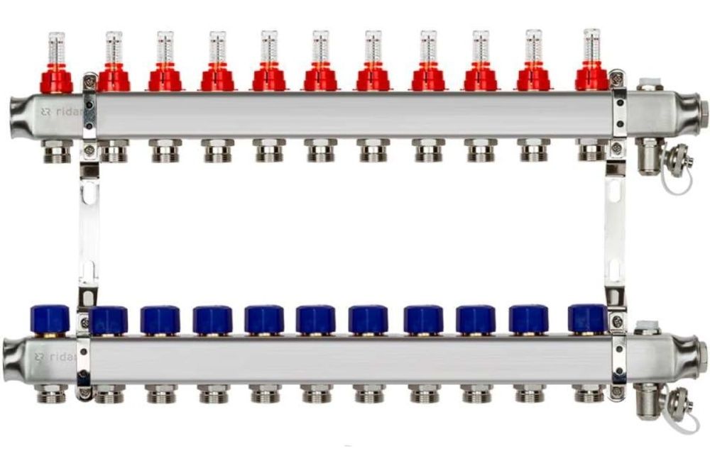 Комплект коллекторов SSM-11RF set, нерж., с расходомерами и кронштейнами, 11 контуров Ridan