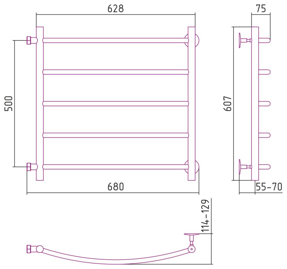 Полотенцесушитель "Версия - Б2" 500х600 (5 перекладин) Г 18, нержавеющая сталь, полировка, Стилье