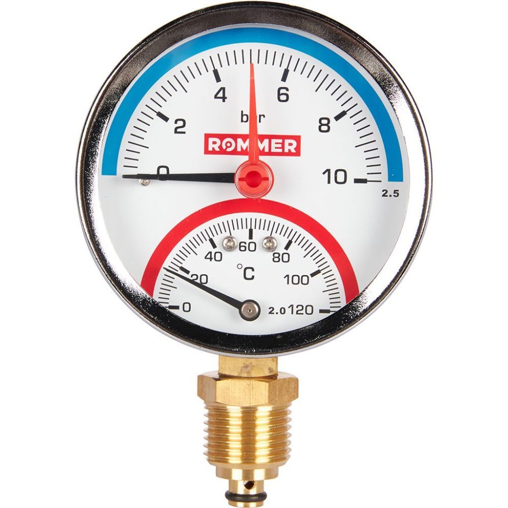 Термоманометр радиальный, Dn 80 мм 1/2 , 0...120°C, 0-10 бар, ROMMER