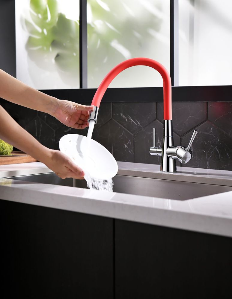 Смеситель для кухни COMFORT, с подключ. к фильтру, хром/красный (гибкий излив), LEMARK
