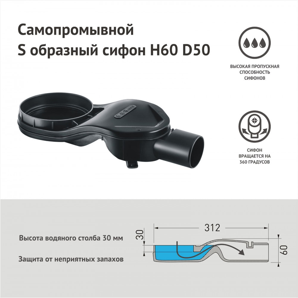 Дренажный канал BERGES SUPER Slim  600 нерж. сталь решетка мат. черный S-сифон D50 бок. выпуск