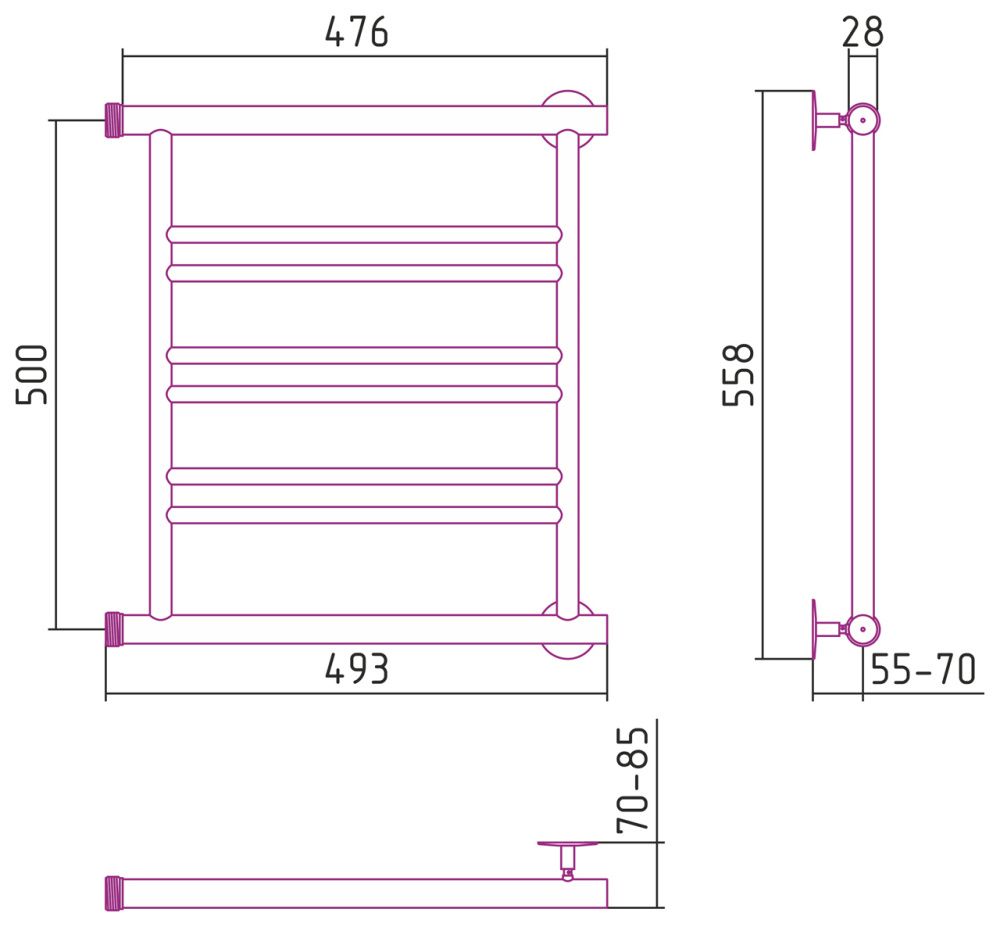 Полотенцесушитель водяной Минор 00601, 50х50 см, (2+2+2) П, Стилье