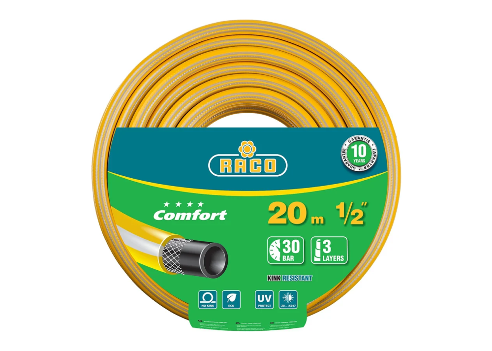 Шланг поливочный трёхслойный, армированный, RACO COMFORT, 1/2", 20 м, 30 атм