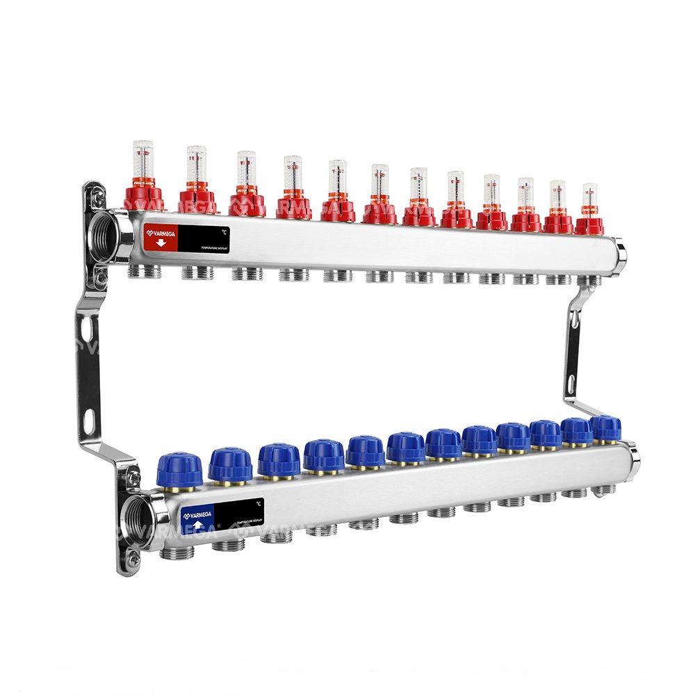 Коллектор с расходомерами 12 выходов (ВР1", 3/4" EK), нерж сталь Varmega