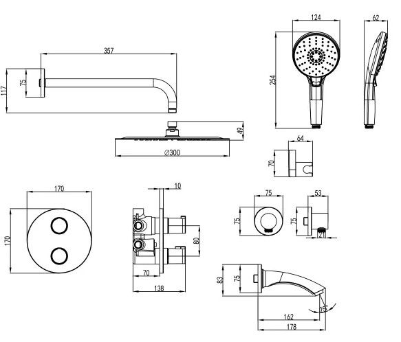 Система встраиваемая для ванны и душа YETI (круглая) термостатическая хром LEMARK