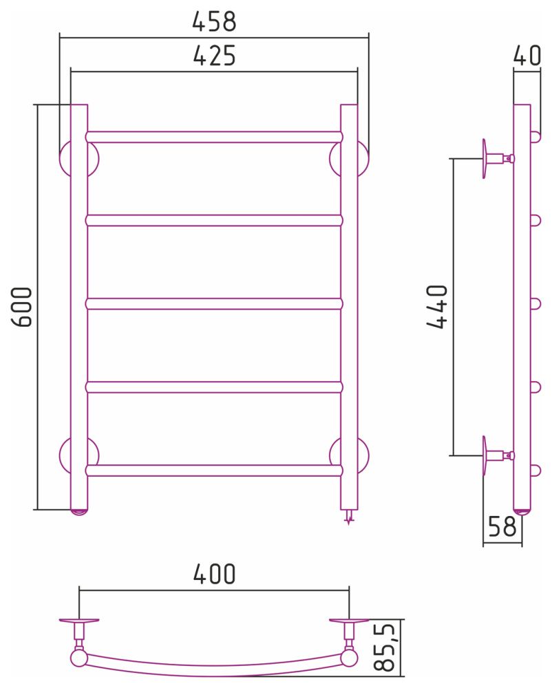 Полотенцесушитель электрический №40 П, 600х400, хром,  Стилье