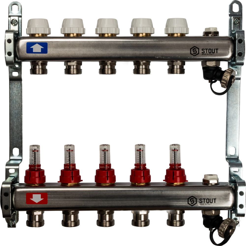 Коллектор  5 вых с расходомерами (сливные краны, воздухоотводчик, без заглушек) Stout