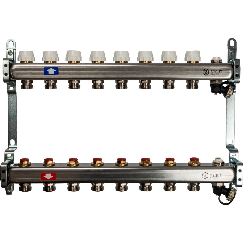Коллектор  8 вых с вент. вставками (сливные краны, воздухоотводчик, без заглушек) Stout