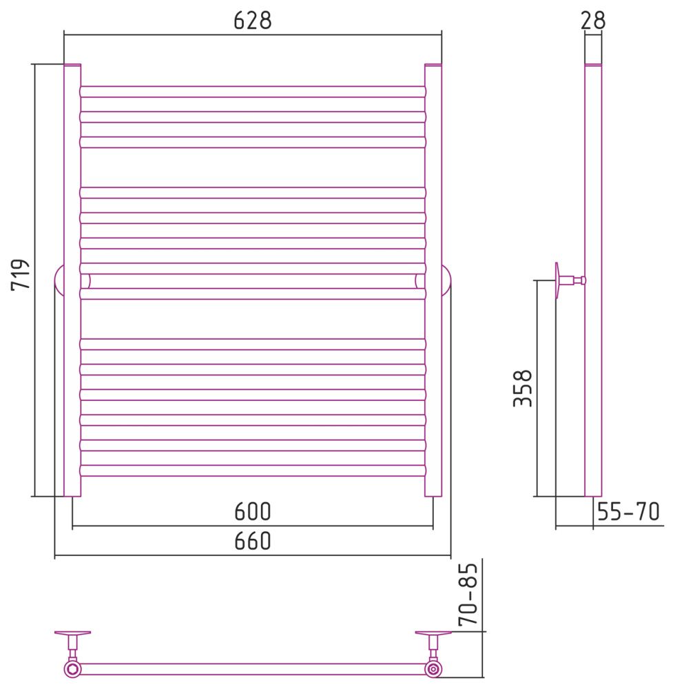Полотенцесушитель Универсал-53 800х600, нерж. ст., полировка Стилье