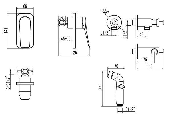 Смеситель с гигиеническим душем Bronx (раздельный), встраиваемый (графит), LEMARK
