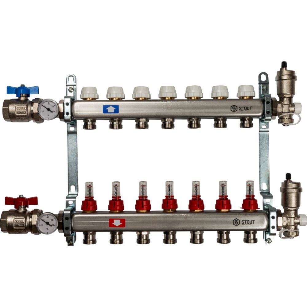 Коллектор в комплекте (краны и авт. воздухоотводчики)  7 вых с расходомерами Stout