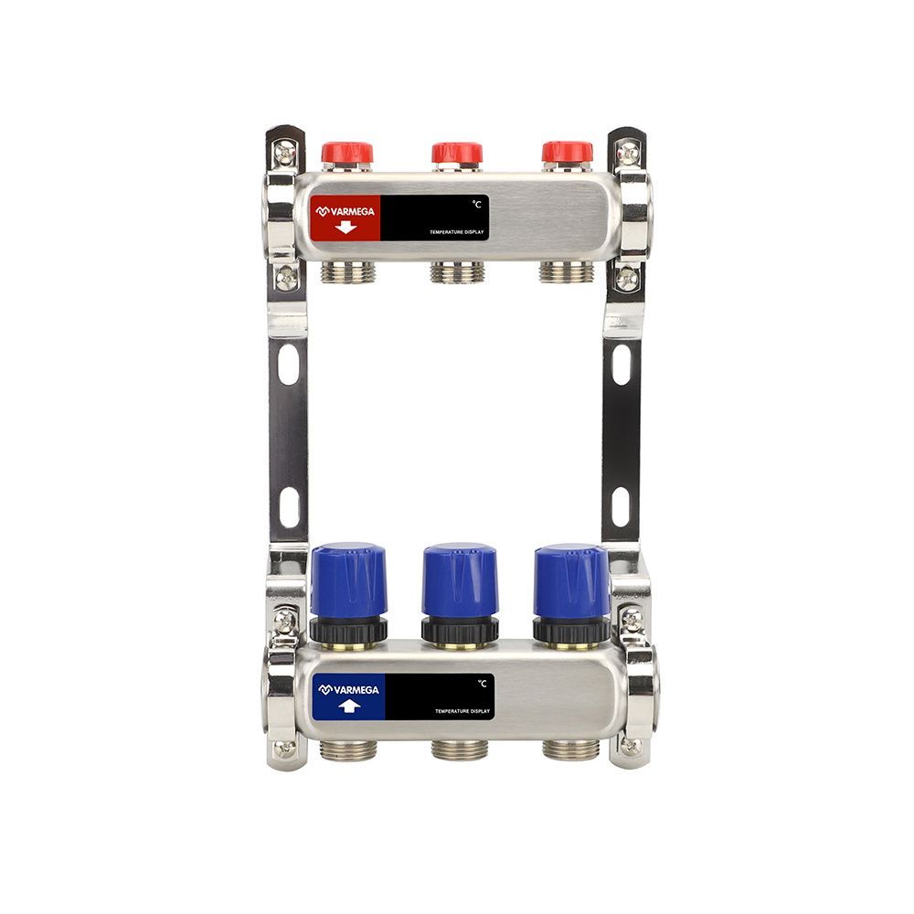 Коллектор с регулирующими и балансировочными клапанами 3 выхода (ВР1", 3/4" EK), нерж сталь Varmega