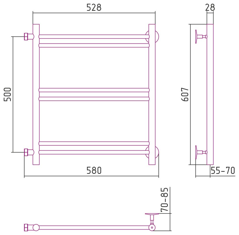 Полотенцесушитель "Версия - Б1" 500х500 (2+2+2 перекладин) П 16, нержавеющая сталь, Стилье