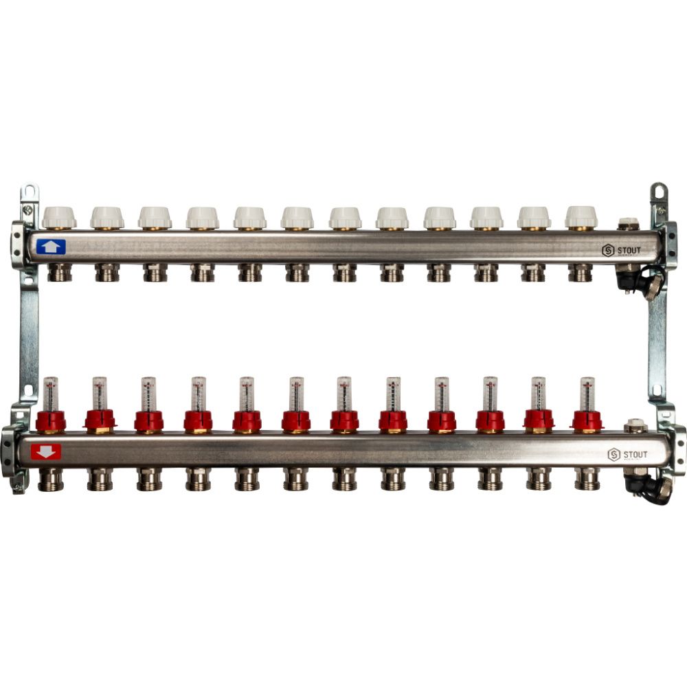 Коллектор 12 вых с расходомерами (сливные краны, воздухоотводчик, без заглушек) Stout