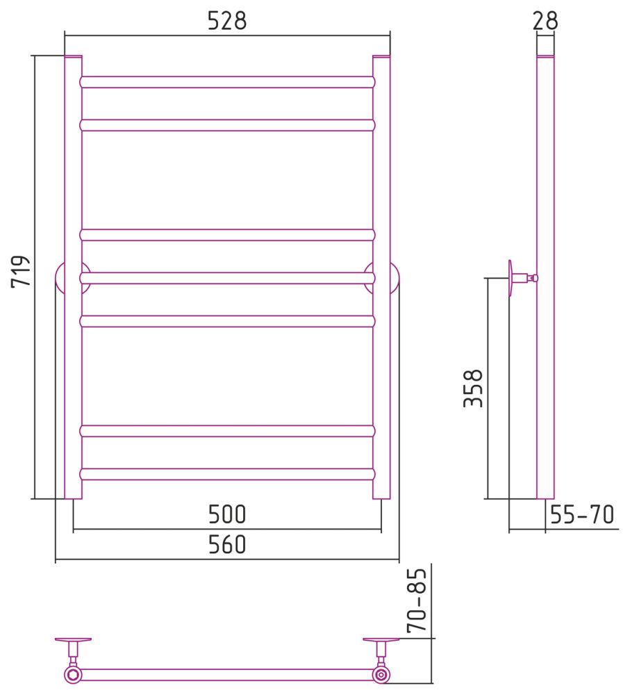 Полотенцесушитель Универсал-55 800х500 (2+3+2) П 18, нерж. ст., полировка Стилье