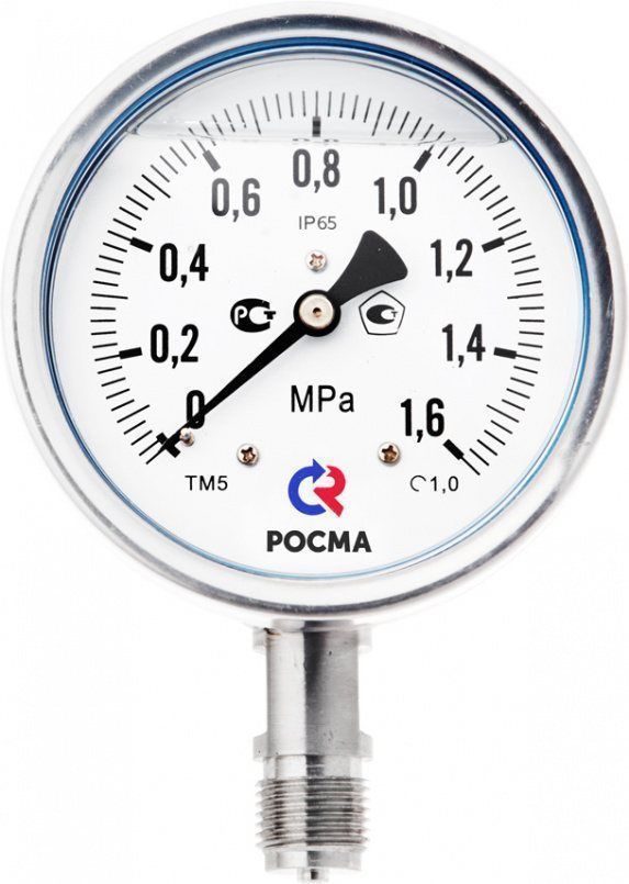 Манометр нерж. ТМ-521Р.00 (0..1,6 МПа), G1/2", 100мм, кл.т. 1,0, 200C, "сухой" (без заполнения)