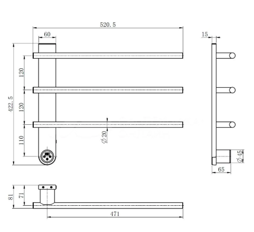 Полотенцесушитель электрический 520*384 с терморегулятором, цвет Графит, AQM